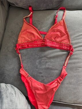 Red Studded Bralette & Bikini Set - Women Intimates